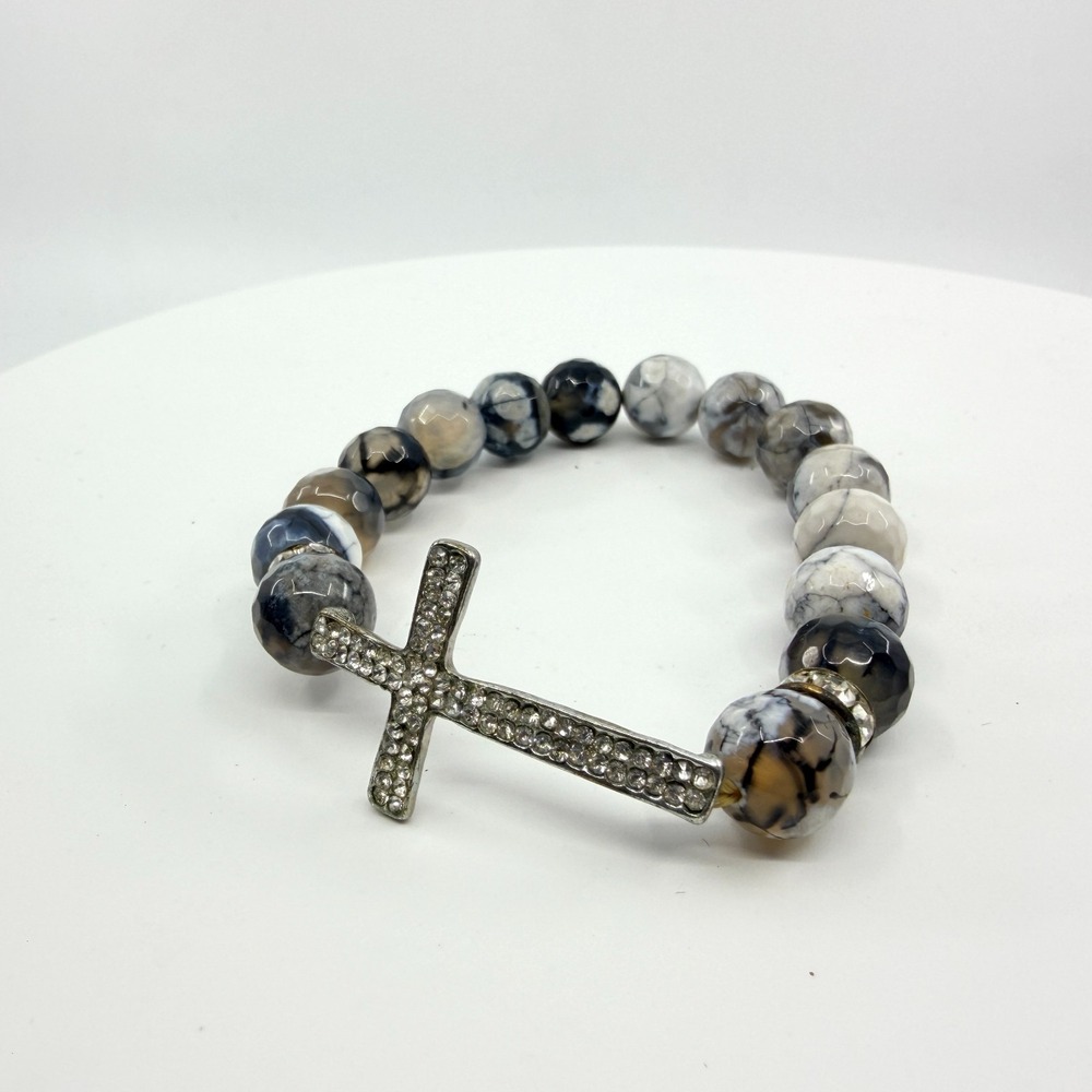 VTG Beaded Cross Bracelet Agate & Rhinestone Boho Faith Jewelry